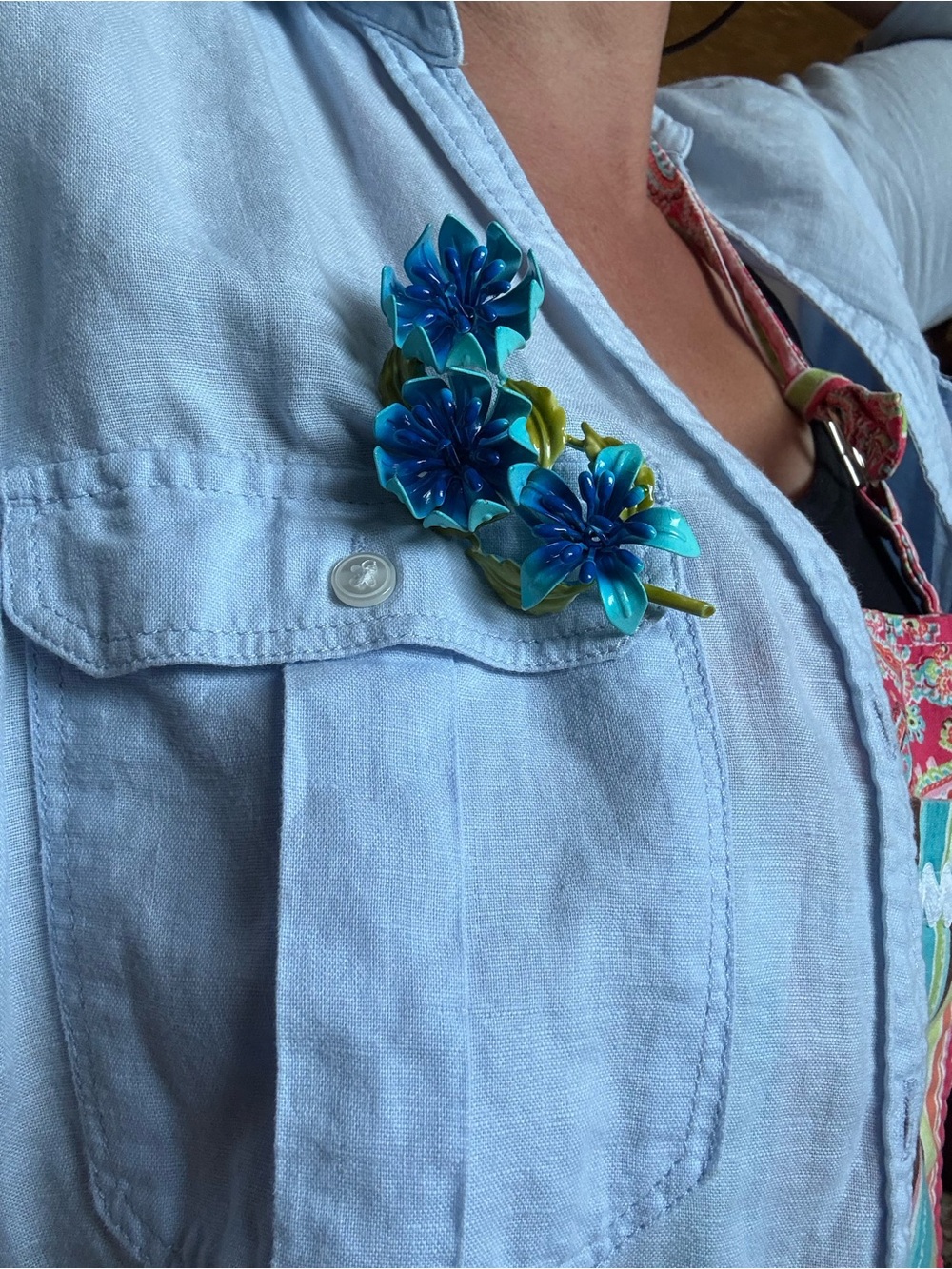 Vintage 1960s Enamel Flower Brooch Blue Turquoise Dimensional Floral Pin